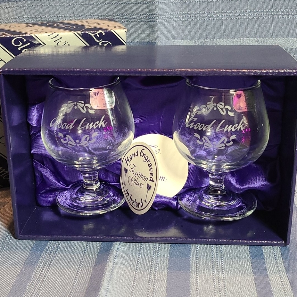Eamon NIB Hand Engraved Brandy Sniffers Glasses -  Good Luck